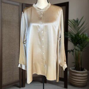 Eileen Fisher Taupe 100% Silk Tunic Top Blouse 1X Mandarin Collar Button Front